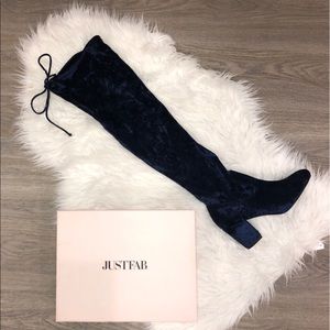 Navy Blue Crushed Velvet Over the Knee Boot